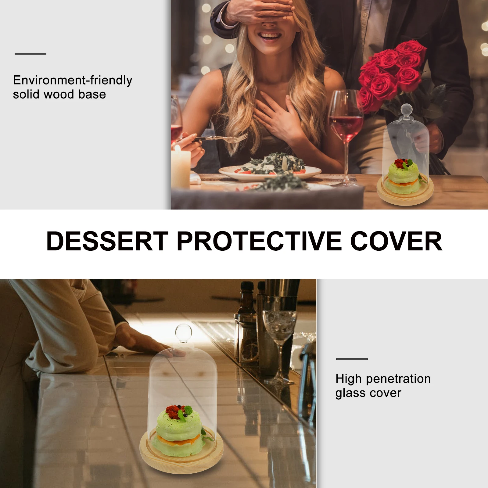 

1 Set Glass Cake Cover Transparent Food Dome With Wood Base Sturdy Compact Handle For Dessert Snacks Protection Hygienic Display