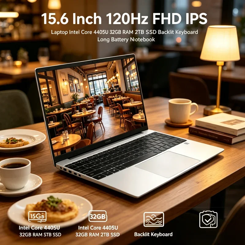 

15.6 Inch 120Hz FHD IPS Laptop Intel Core 4405U 32GB Large RAM 2TB High Speed SSD Backlit Keyboard Long Lasting Battery Notebook