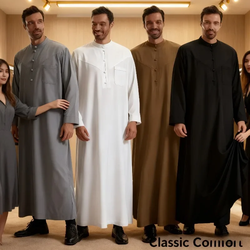 

Men's Solid Color Muslim Long Sleeved Button Up Dress Pakistani Islamic Clothing Saudi Arabian Men's Robe