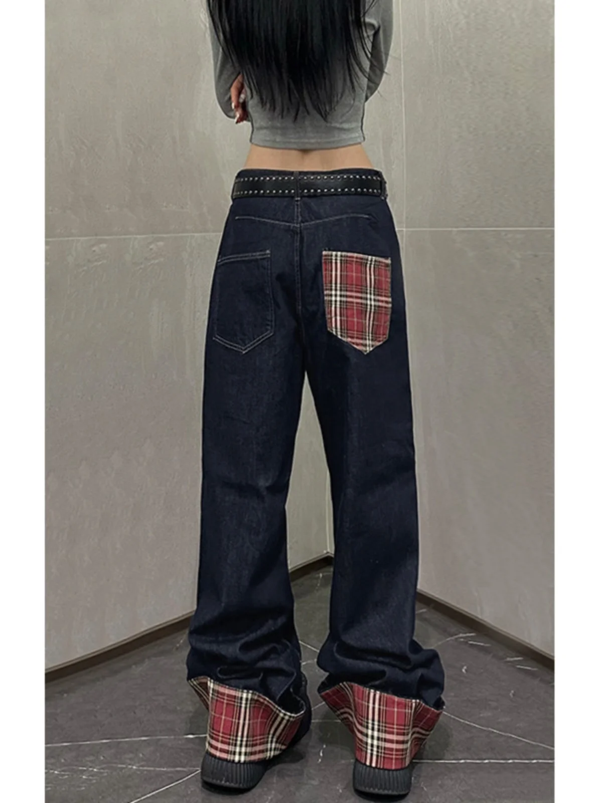 

Red Plaid Cuffed Denim Jeans American Retro High Street Loose Wide Leg Floor-Length Pants Autumn Winter Youth Trend Wear Resi...