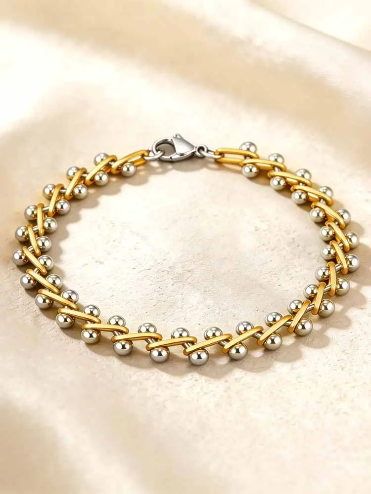 

Beaded Bracelet for Women, Gold Silver Two Tone Stackable Minimalist Jewelry, Trendy Layered Bracelet Holiday Party Accessories