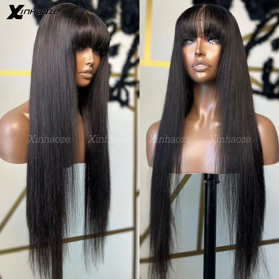 

Straight Human Hair Wigs With Bangs 5x5 PU Silk Base Closure Wig 180% Density Malaysian Remy Hair 13x6/360 Lace Wigs For Women