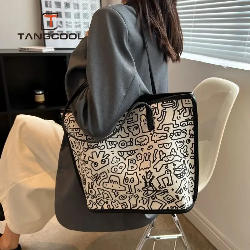 Bolso de lona con estampado de grafiti para mujer, bolsa de hombro de gran capacidad, creativa y divertida, combina con todo