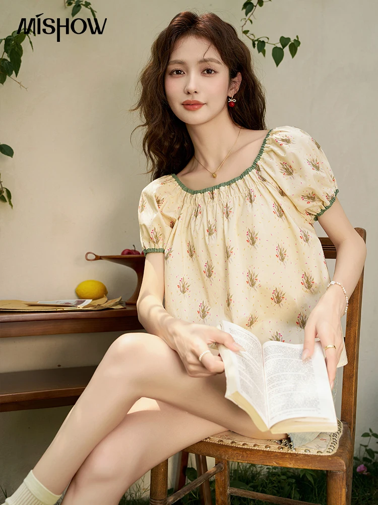 

MISHOW Floral 100 Cotton Blouses Women 2024 Summer Korean Loose Square Neck Contrast Slim Bubble Sleeve Loose Tops MXD24X1511