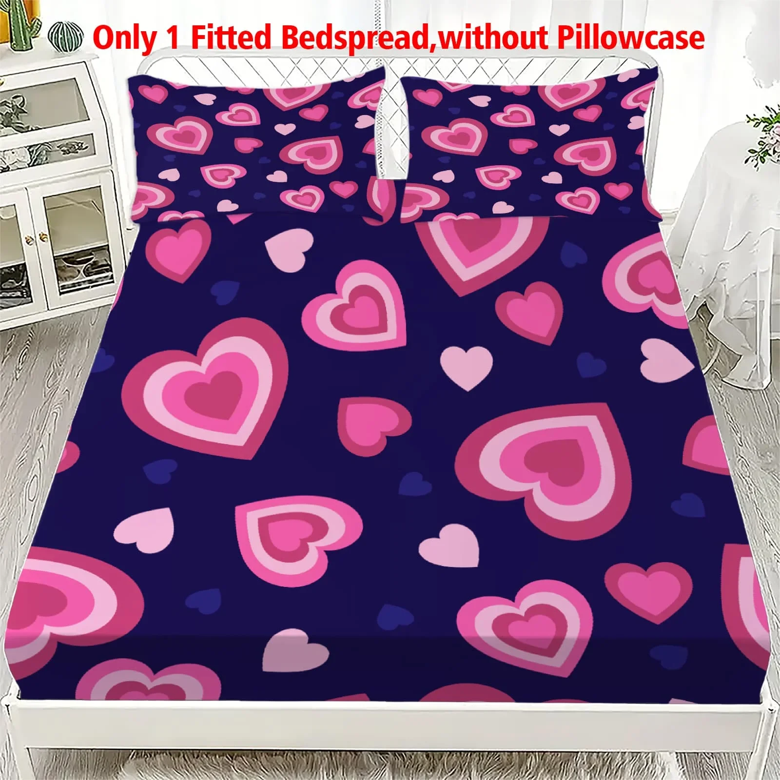 Drap-housse à motif cœur rose et bleu foncé, avec poches profondes et élastique, pour matelas de lit simple ou double