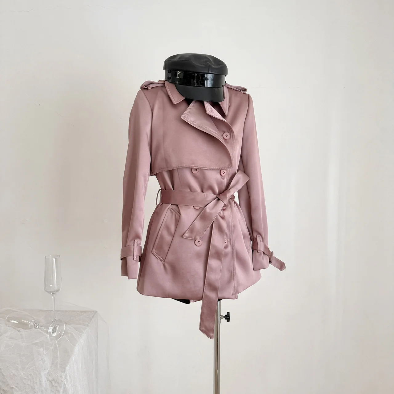 

Women's Autumn Winter Elegant Pink Long Sleeve Double Breasted Trench Coat Lady Streetwear Turn Down Collar Slim Trench Outwear