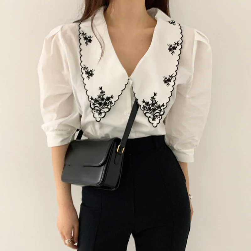 ZAROY camisas قمصان وبلوزات Elegant Embroidery Lace Women Blouse Flower Half Sleeve White Shirt Spring Autumn Womens Top