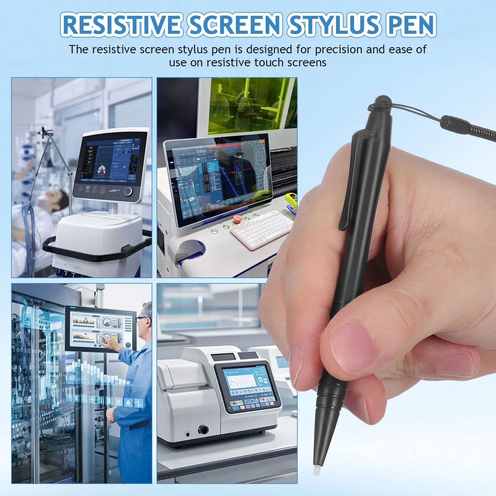 2Pcs Resistive Touchscreen Stylus Pen Hard Tip with Anti-Lost Lanyard Silicone Holder Precision Pen for Pos Industrial Devices
