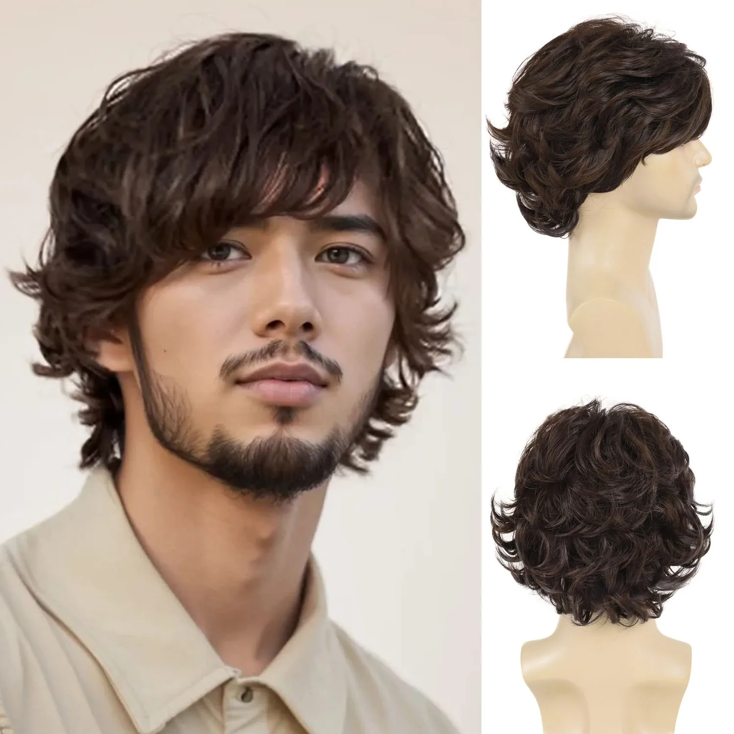 

Synthetic Short Dark Brown Wig for Men Curly Layered Natural Looking Side Part Hair Heat Resistant Wigs with Wig Cap Daily Use