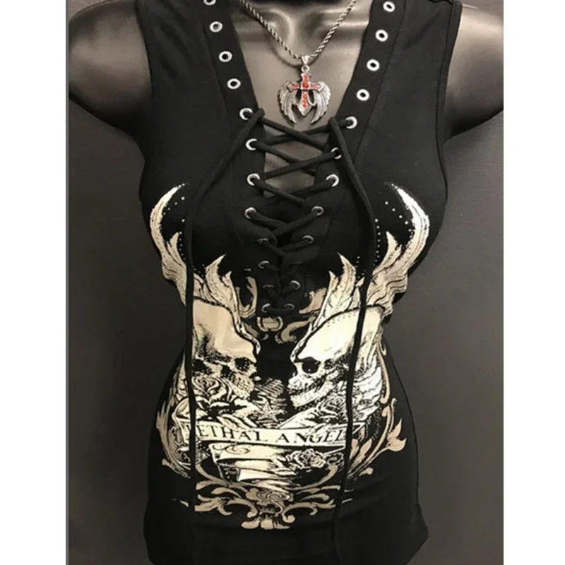 Czarne podkoszulki z czaszką damskie letnie modne sznurowane dekolt w serek seksowne koszulki Streetwear dla kobiet odzież