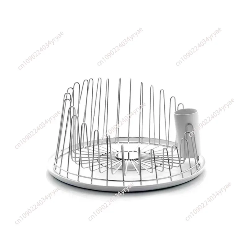 Round Dish Drying Rack for Kitchen Counter Wine Glass Holder with Drainage Tray Space-Saving Cup/Plate Organizer Chopstick Tube