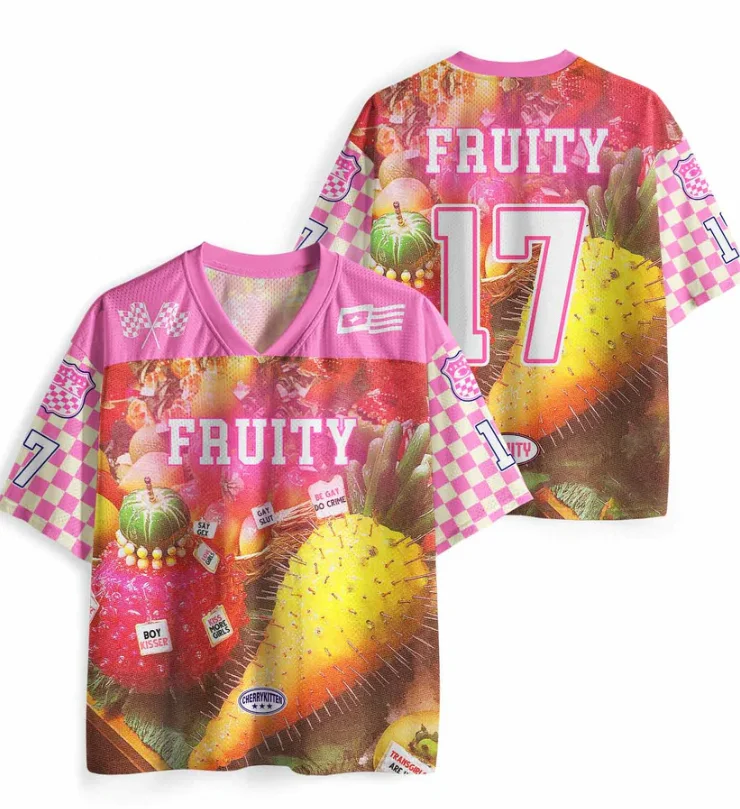 

Y2K Dopamine Fruit Collage Rugby Jersey Checkerboard 3D Printed Loose Short Sleeved Shirt for Adults and Children