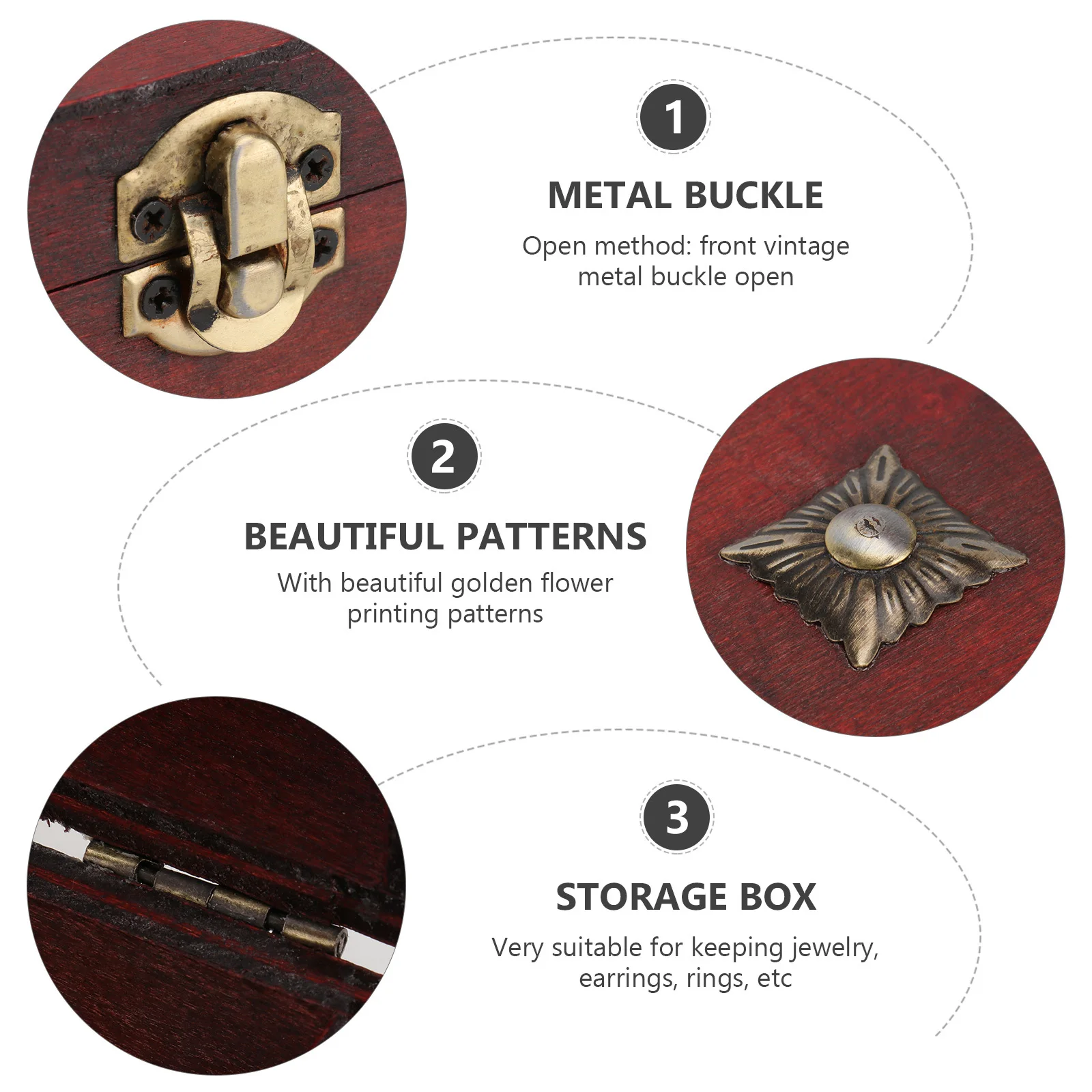 صندوق تخزين المجوهرات الخشبية العتيقة نمط الزهرة الذهبية الجبهة مشبك معدني قفل المنظم الحال بالنسبة لخواتم الأقراط ديكور