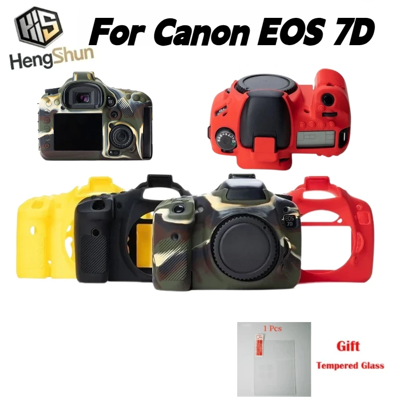 Soft Silicone Camera Protective Case For Canon EOS 7D Anti‑Slip Shockproof Body Skin Cover With 1PCS Free Screen Tempered Glass