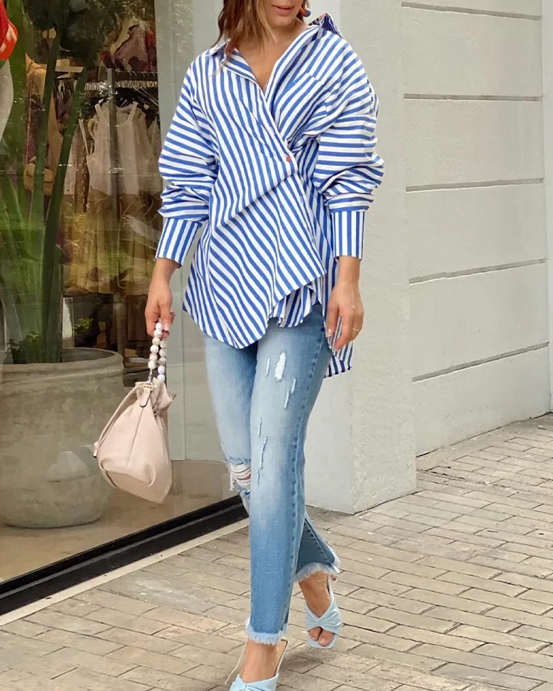 Ladies Loose Striped Shirts Autumn Chic Cotton Asymmetric Buttons Blouse Female Tops Casual Lapel Women Shirts