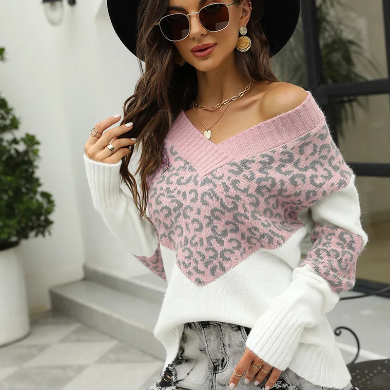 

Women Patchwork Sweaters V Neck Loose Full Sleeve Vintage Leopard Pullovers Knit Long Sleeve Casual Office Lady Autumn Winter