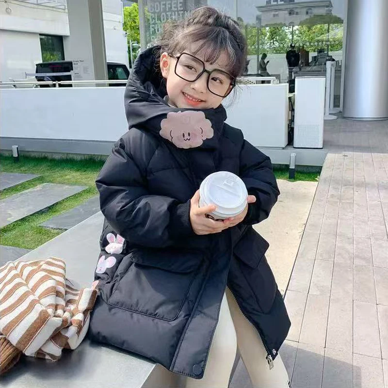123  Winter New Girls Jacket Long Solid Color Cartoon Print Thick Warm Hooded Zipper Parka For Girls Down Cotton Snowsuit 3-10Y