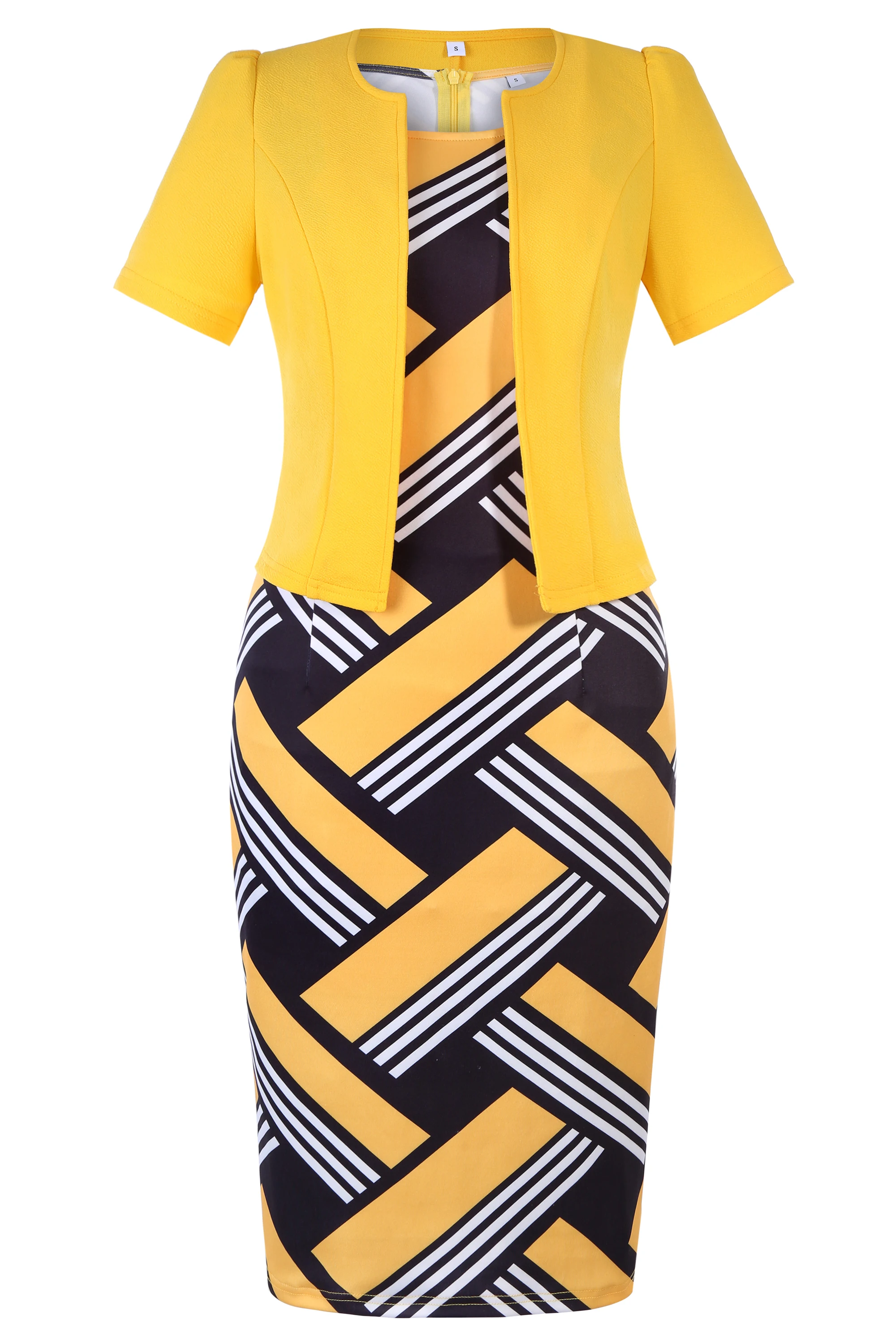Women Geometry Print Office Lady Short Sleeve Cape Top and Pencil Dress Two Piece Suit Vestido image 3