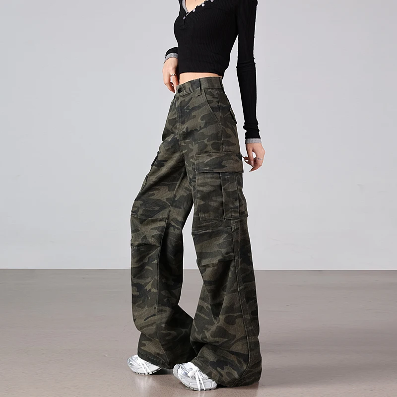 American high street retro camuflagem perna larga jeans feminino casual solto em linha reta calças compridas rua sle água wa