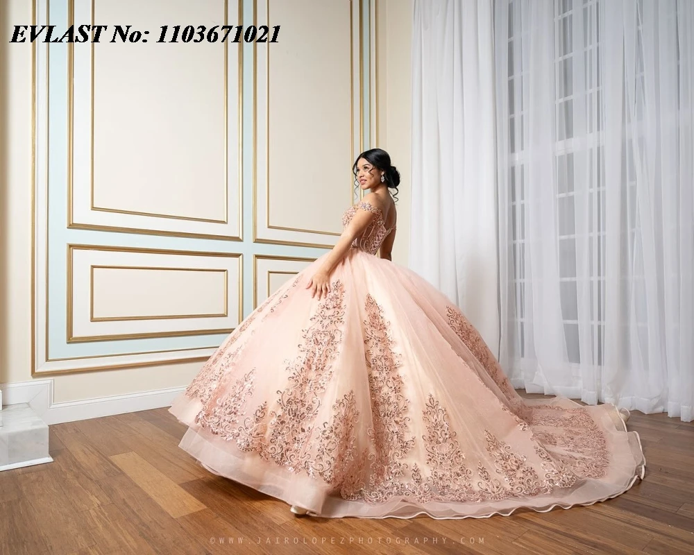 EVLAST Customized Pink Quinceanera Dress Ball Gown Shiny Sequins Lace Applique Beading Corset Sweet 16 Vestidos De 15 Anos SQ582