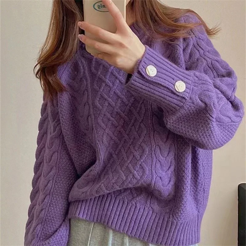 Thick Twisted Sweater Women 2024 Autumn Long Sleeve O-neck Female Knitted Pullover Solid Casual Loose Lady Kintwear Tops