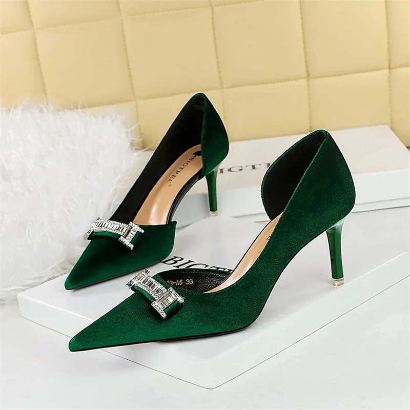 

Metal Rhinestone Buckle Women Spring New Suede Women Pumps Pointed Thin High Heels Stilettos Luxury Party Single Shoes