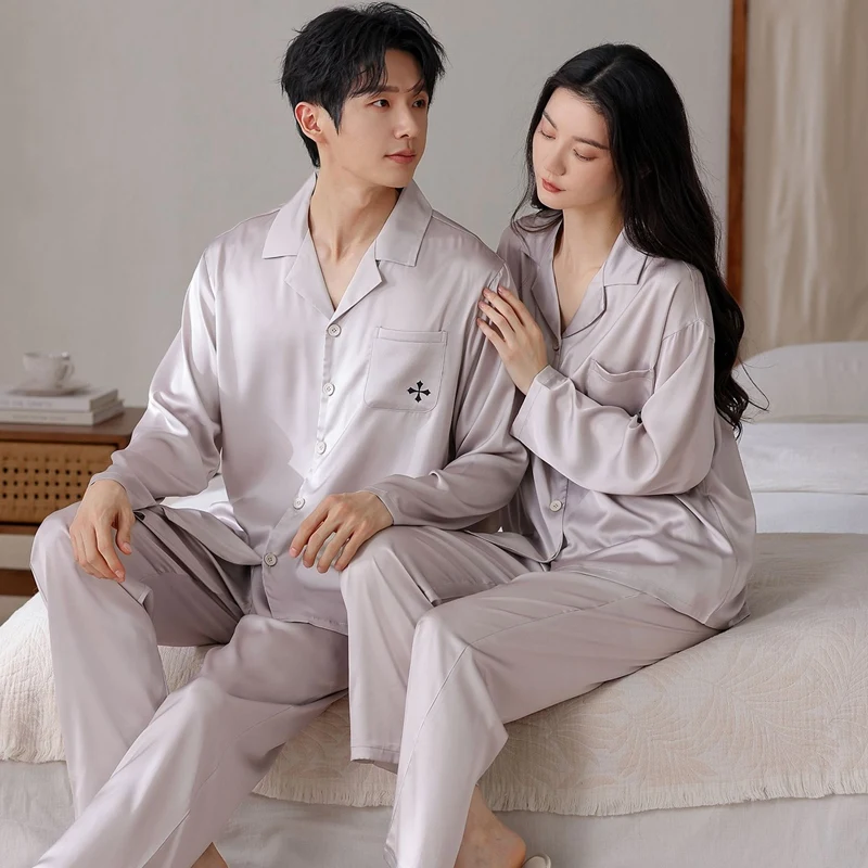 

2026 Spring Autumn Couple Long Sleeve Silk Satin Pajama Sets for Men Korean Loose Sleepwear Pyjama Women Homewear Home Clothes