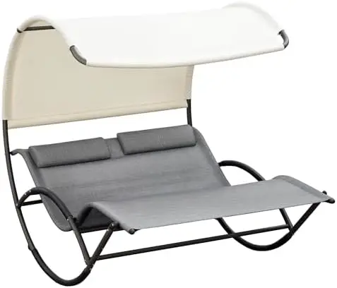 Outdoor Double Chaise Rocking Chair with Canopy Shade Light Gray | Day Bed Sun Lounger, Headrest Pillow, Armrests, for