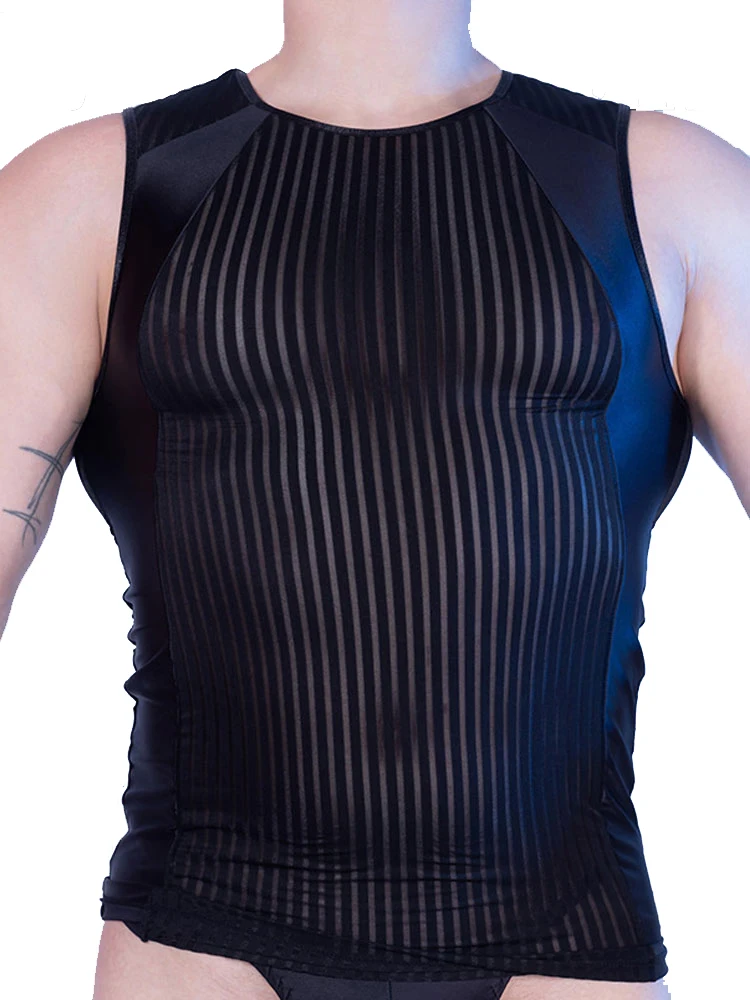 Men's Quickly Dry Vest Fashion Stripe Breathable Thin Sleeveless T-Shirts Elastic Shaping Tights Patchwork O-Neck Nightclub Tops