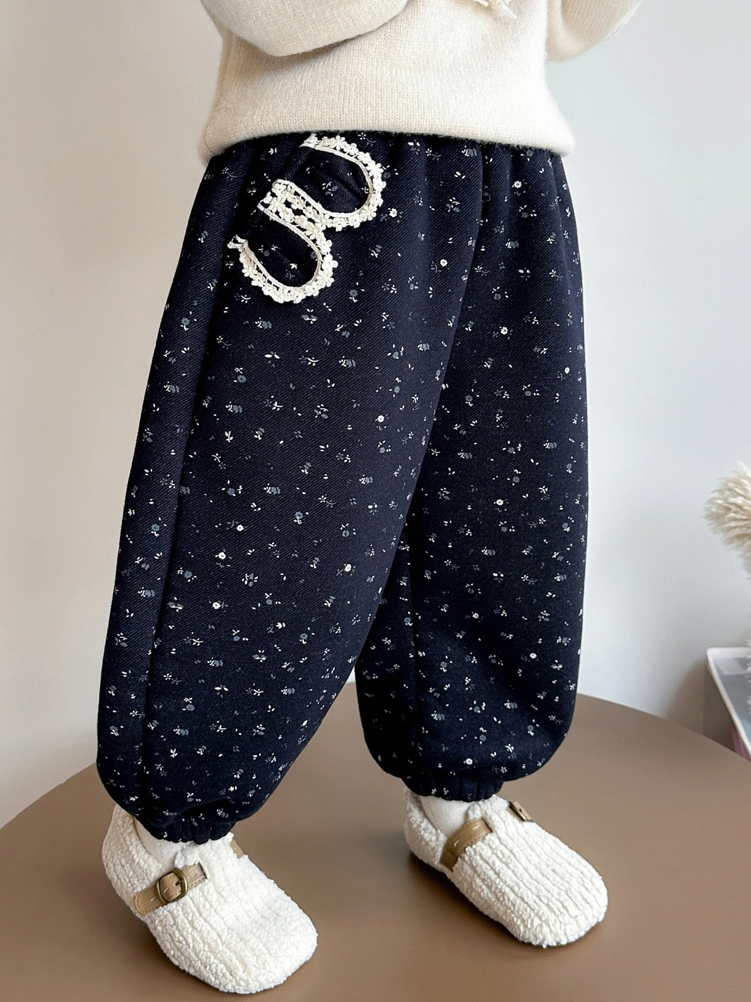 

Утепленные брюки с вышивкой в виде кроличьих ушек и цветочным узором, с манжетами, с высокой талией, длинные, повседневные, для девочек, зимняя мода