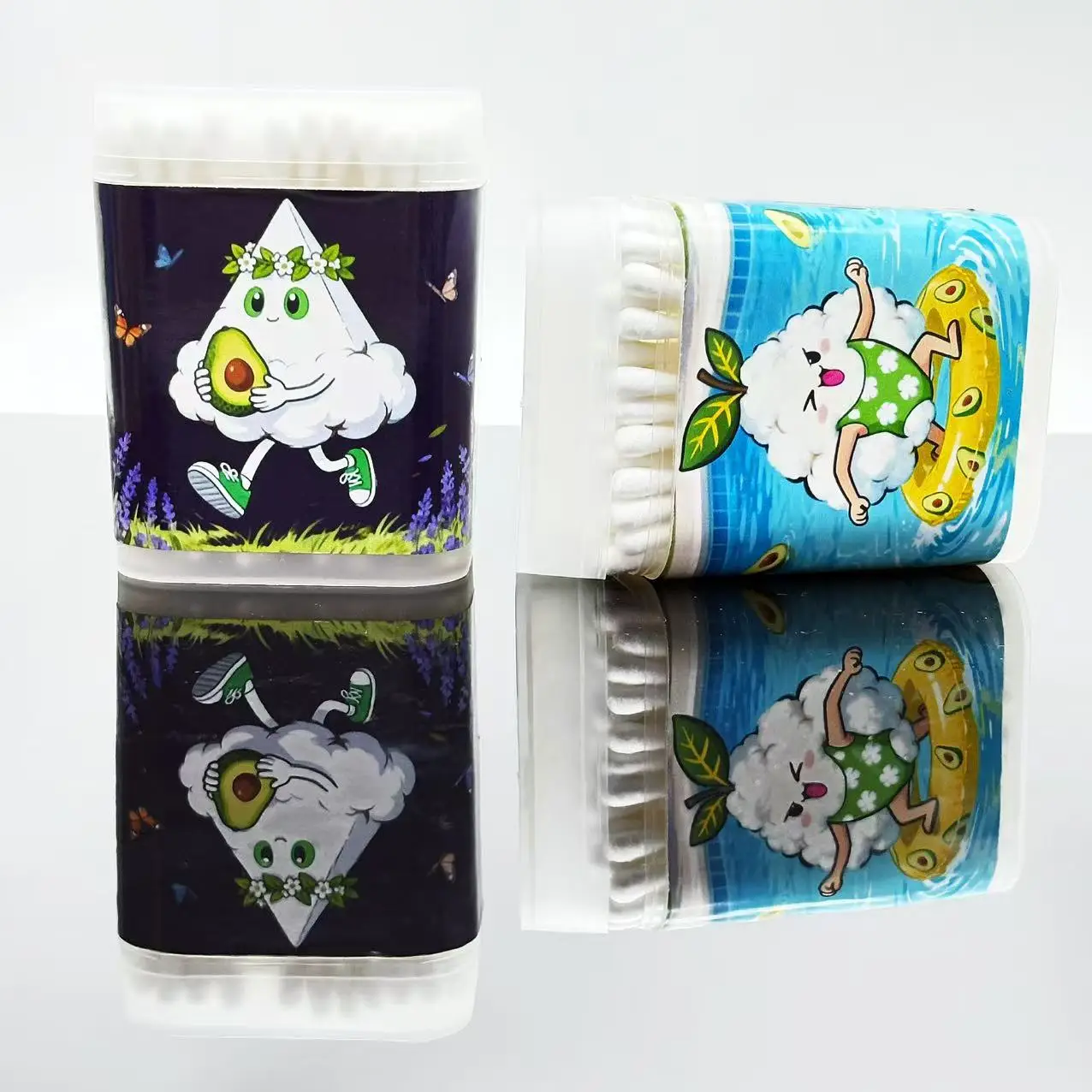 200 قطعة مسحات قطنية بيضاء ذات طابع أفوكادو مزدوج الأطراف، ملعقة مستديرة مبتكرة لعنصر الأفوكادو أعواد قطنية