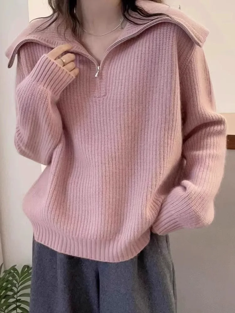 

Thiened Long Sve Zipper Design Camere Свитер однотонного цвета с капюшоном шерстяной топ на осень и зиму теплый свободный универсальный ...