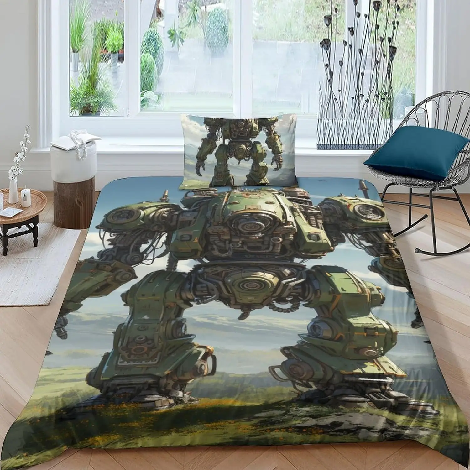 Japanese Style Mecha Duvet Cover Set 3D Print Mechs Bedding Set With Pillowcase Retro Anime Comforter Cover