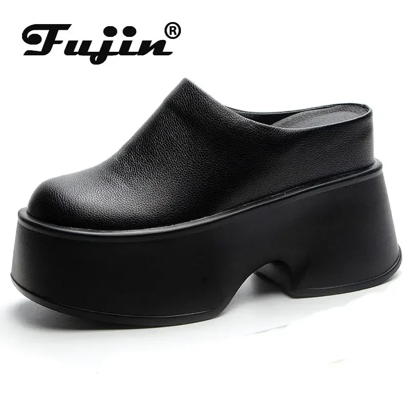 Fujin 11cm New Slippers Natural Cow Genuine Leather Platform Wedge Sneakers Pumps Summer Women ROME Hidden Heels Vulcanize Shoes