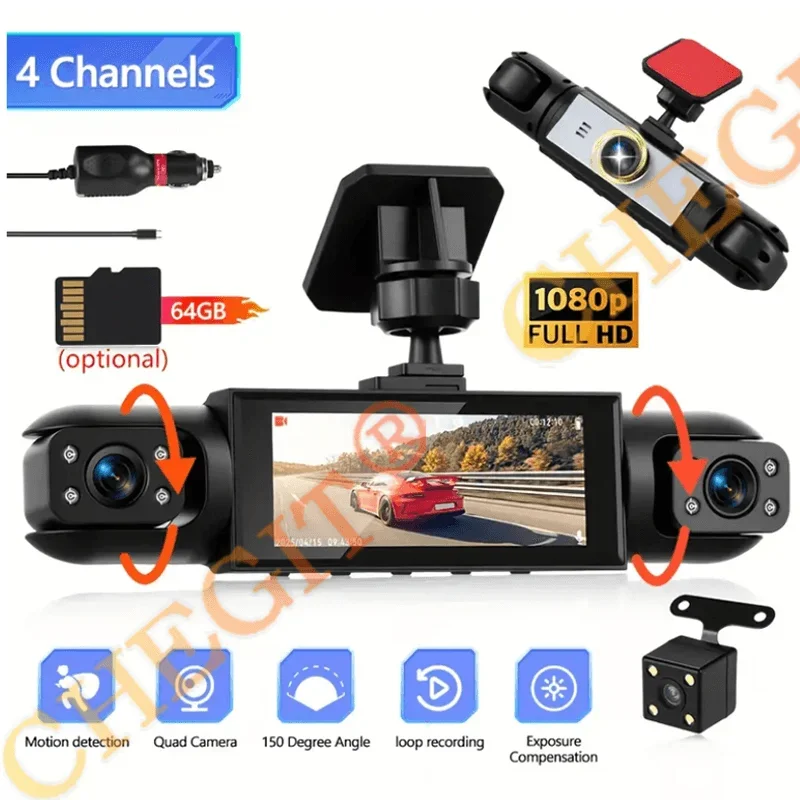 

360° Car Dash Cam 4 Channels Video Recorder 1080P Car DVR 3/4 lens Front inside Rotatable and Rear View Night Vision Black Box