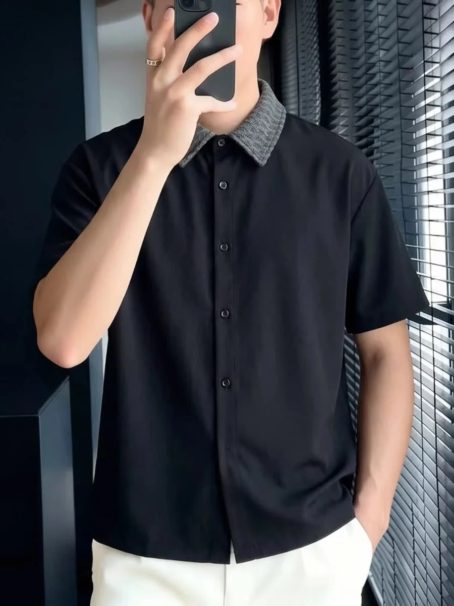 

Men's Summer Ice Silk Loose Casual Shirt Short Sleeve Anti-Wrinkle Draped Feel Pure Color Black Loose Fit Youthful Style