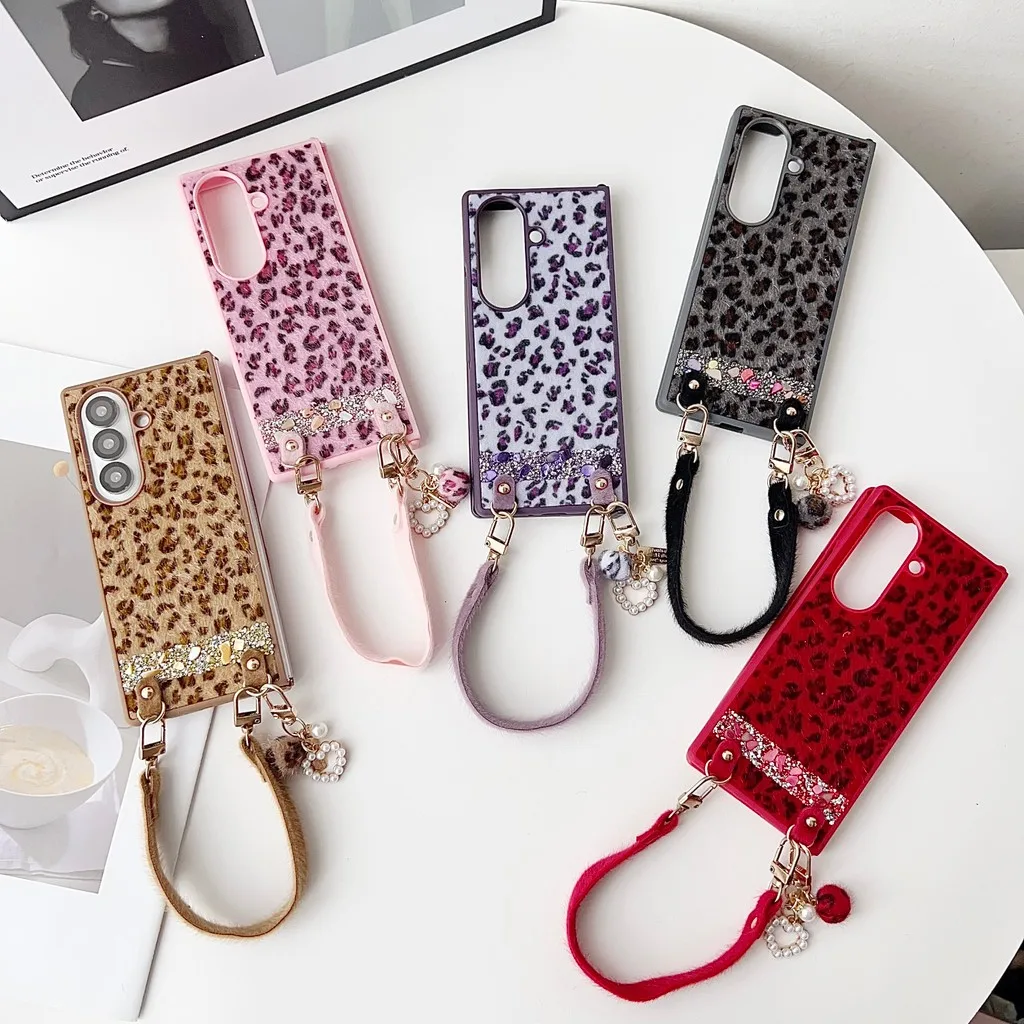 Leopard Print Mink Plush Flash Diamond Spliced Anti-drop Phone Case For Samsung Galaxy Z Fold7 Fold 7 6 5 4 3 5G