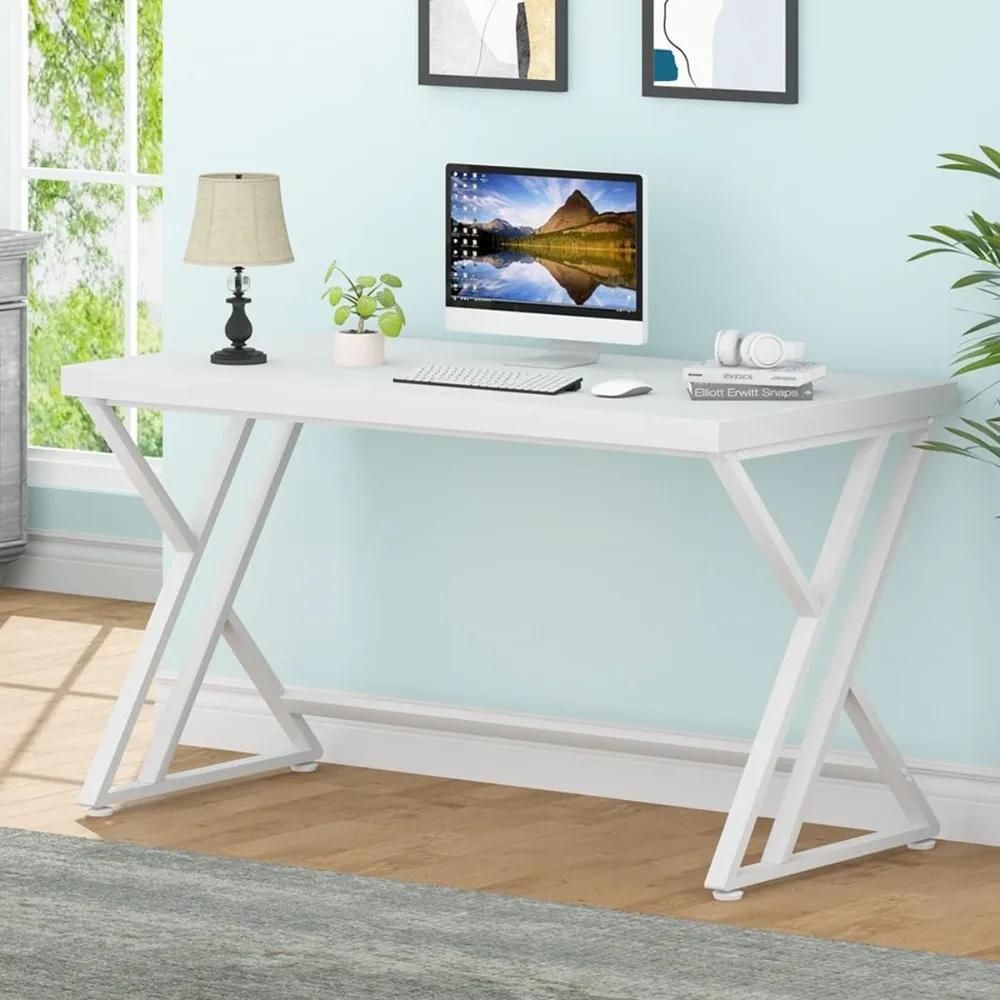 Modern Wood Home Office Desk for PC Writing Work, Metal Wooden Executive Workstation Student Simple Desk with Storage