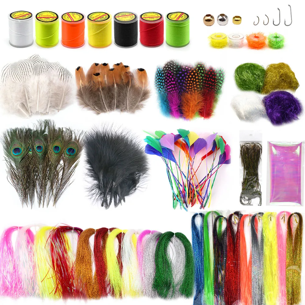 MNFT Anfänger-Set für Fliegenbindematerial, Federn, Fellfaden, Kristall, Blitzlinie, Haken, Fliegenbindematerialien, Starter-Sets