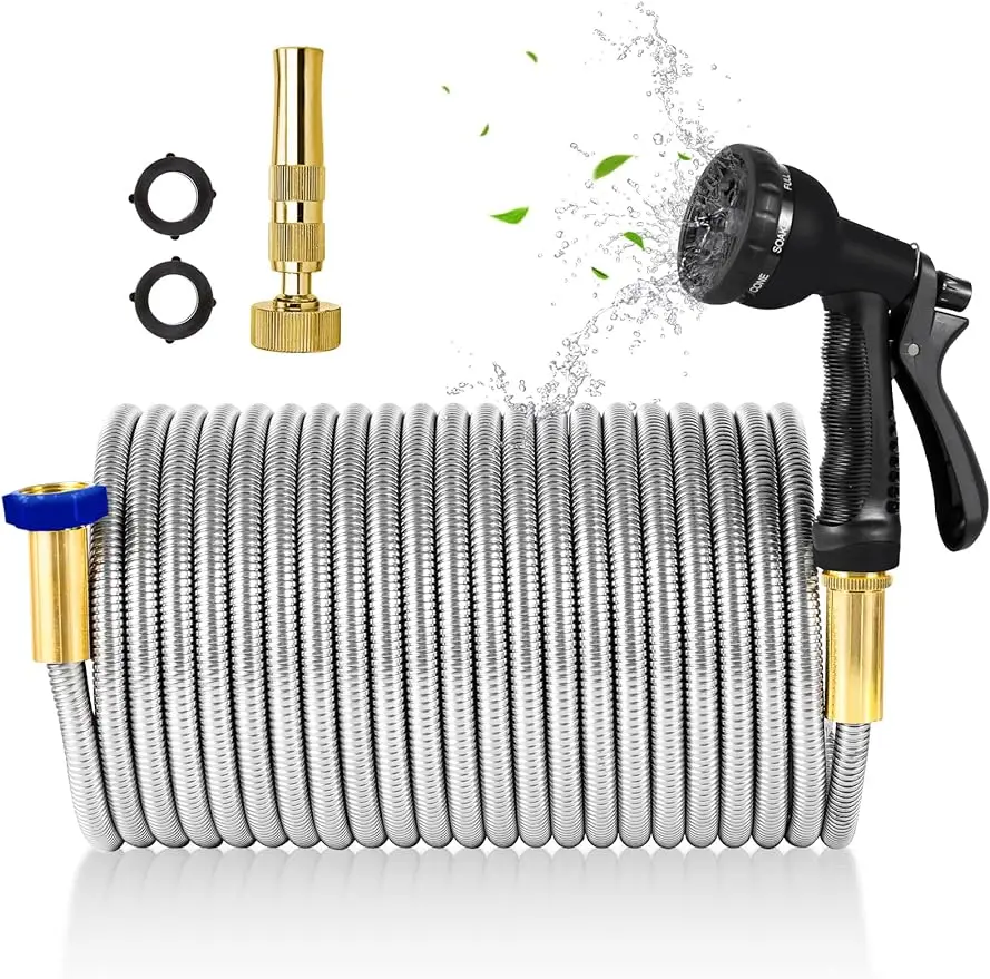 

304 Stainless Steel Garden Hose with Brass Nozzle 100FT Outdoor Hose 7 Function Spray Gun Solid Metal Fittings Water Hose