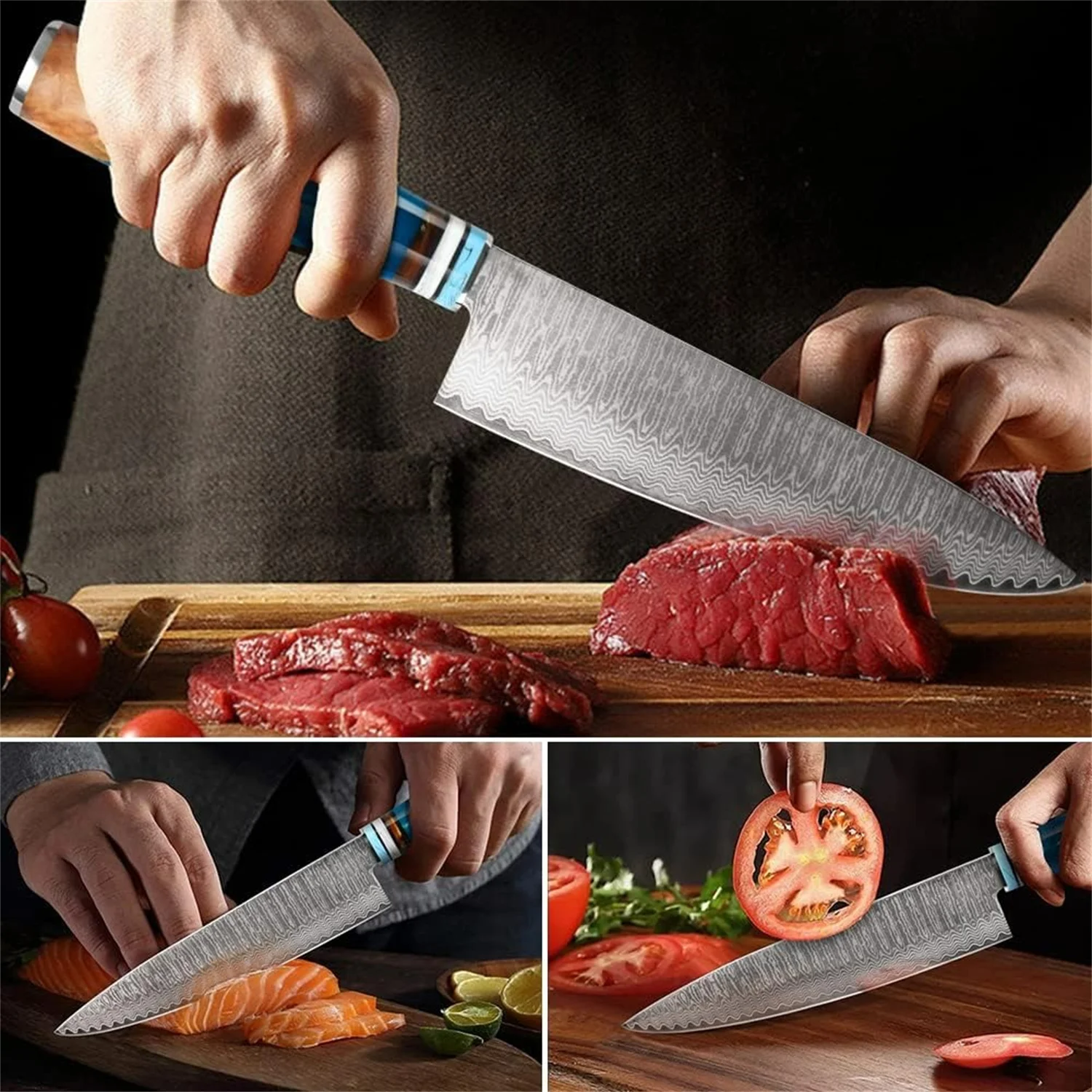 Faca de chef de aço damasco, aço de alto carbono, profissional, artesanal, precisão, vg10, núcleo de aço japonês, cozinha, restaurante