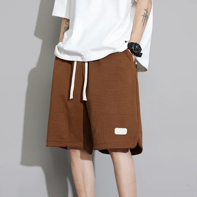 Summer Casual Men Brown Gray Running Shorts Jogging Short Pants Wave Pattern Solid Color Drawstring Loose Dry Gym Sports Shorts