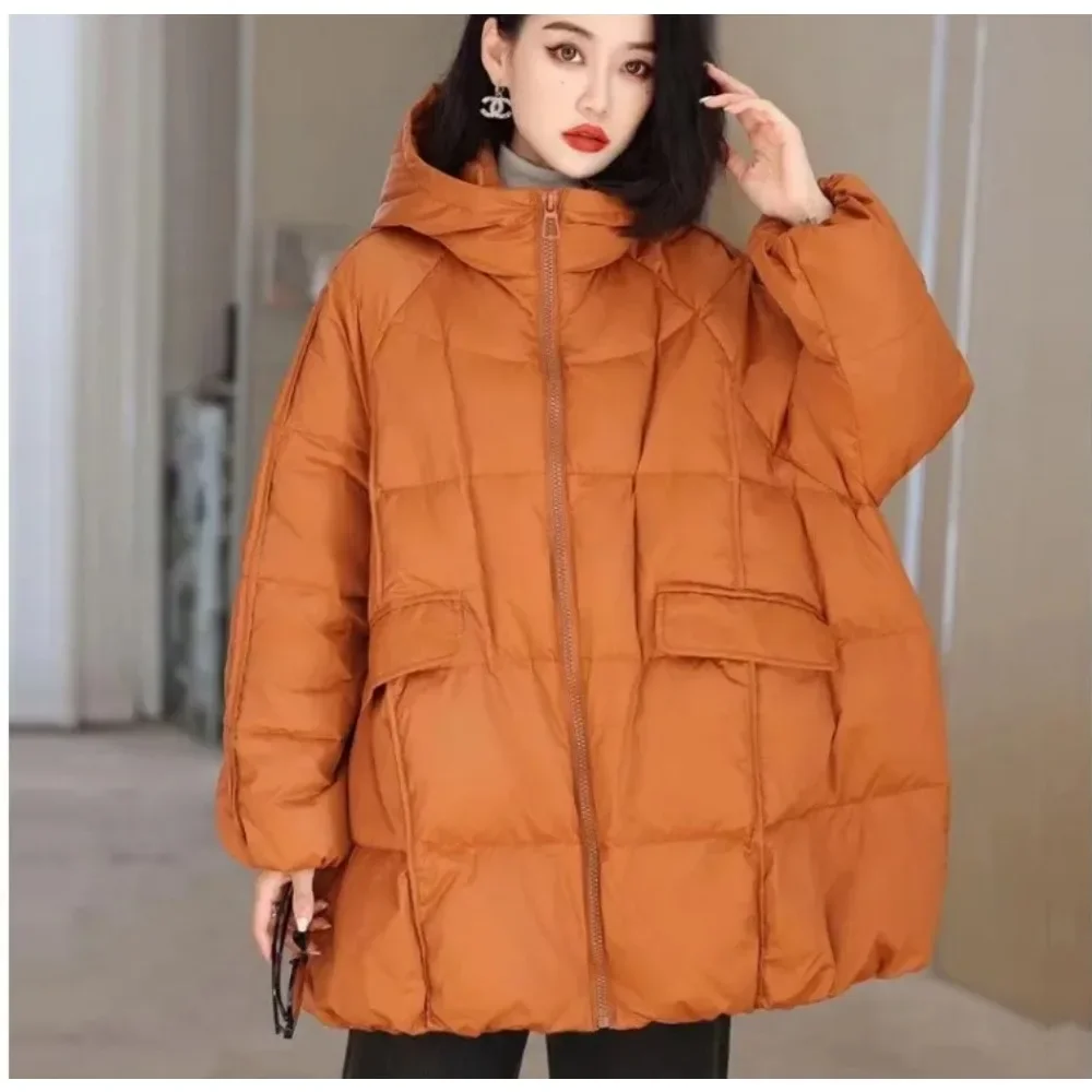 Oversized down jacket women\'s casual loose parka pocket coat New winter women\'s white duck down jacket hooded plus size warmth