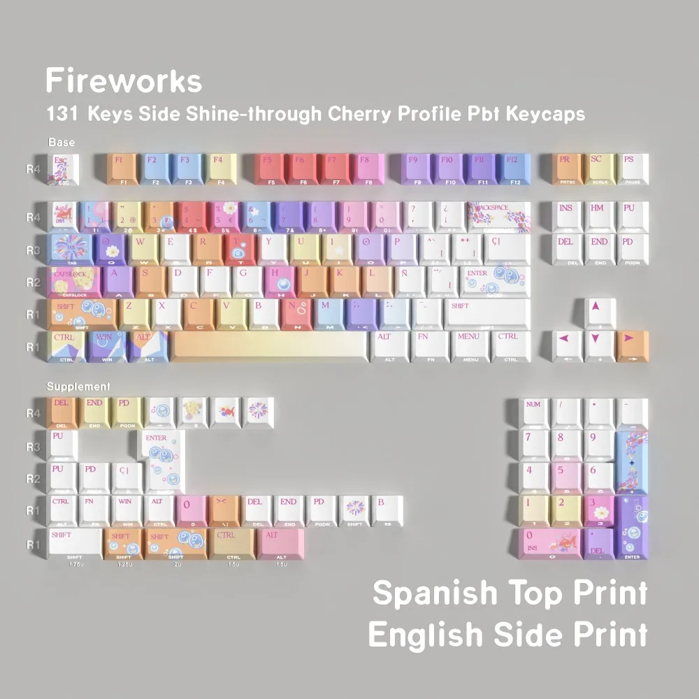 Keycaps with Double Engraved Translucent Pbt Cherry Height 131 Keys Keycaps in Korean Russian German Spanish French