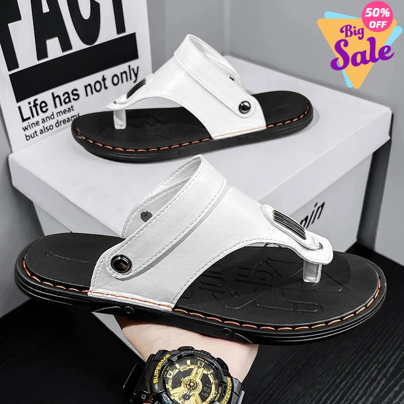 

2026 New Men's Outerwear Beach Shoes, Korean-style Trendy Rubber Sandals, Summer Handmade Leather Sandals