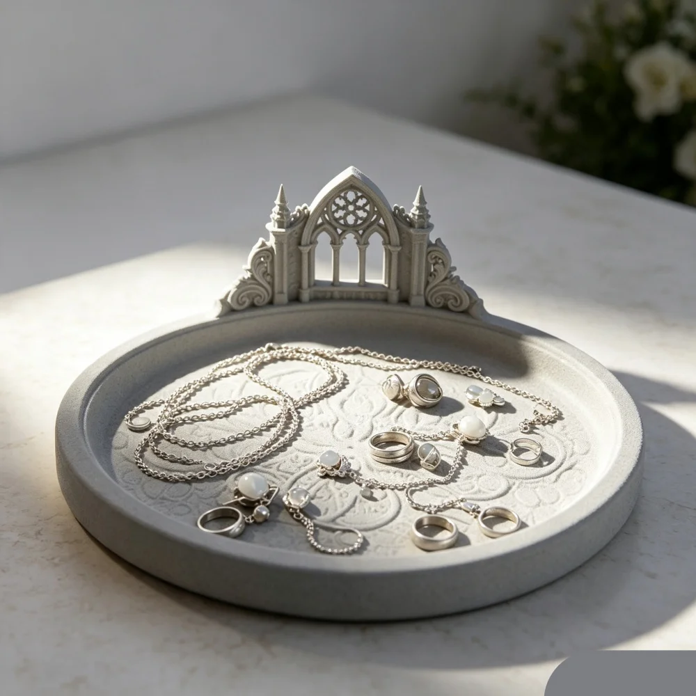 3D Printed White Gothic Cathedral Arch Jewelry Tray Desktop Organizer For Elegant Vanity Table Accessory Gift Idea