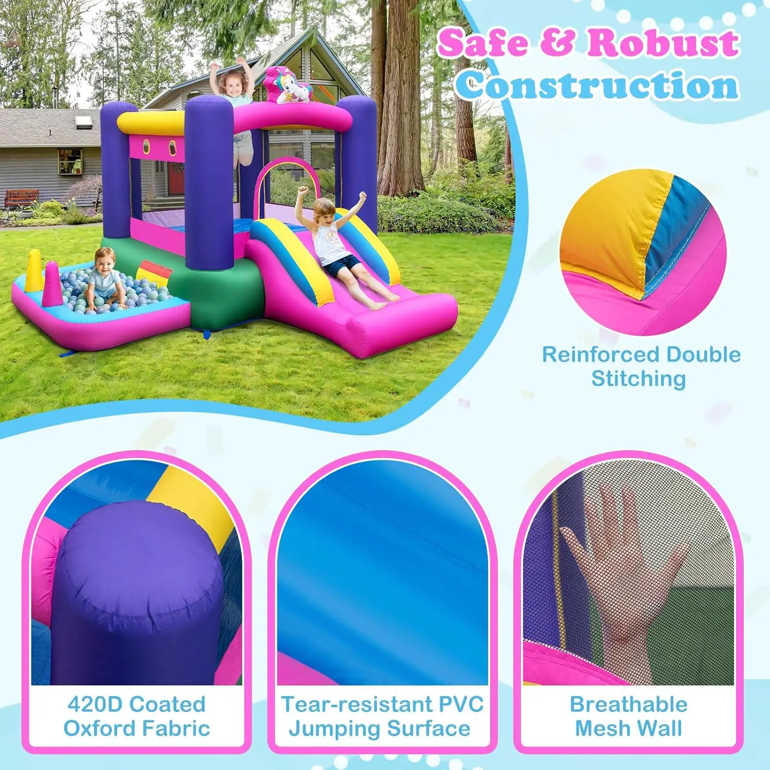 บ้านตีกลับทําให้พอง, ปราสาทกระโดดสําหรับเด็ก 6 ใน 1 พร้อมสไลเดอร์, ห่วงบาสเก็ตบอลและหลุมบอล, เกมโยนแหวนและขว้าง, ในร่ม/กลางแจ้ง