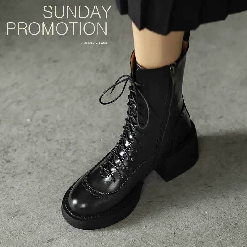 2022 New Fashion Leisure Women Ankle Boots Platforms Genuine Leather Lace-Up Round Toe Autumn Winter Outdoor Casual Shoes Woman