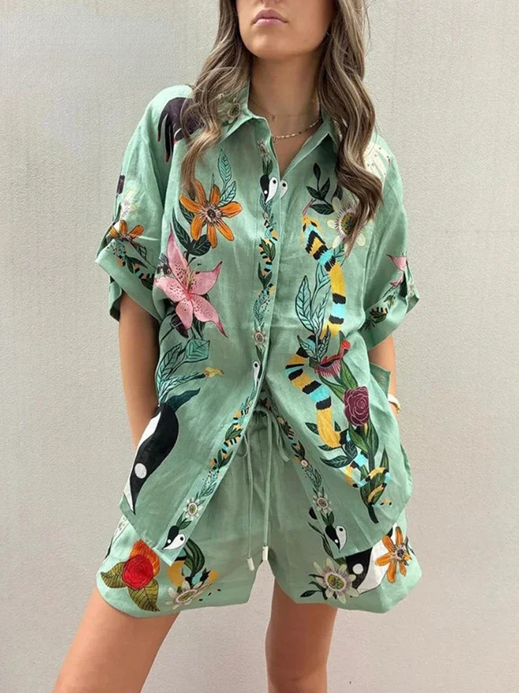 Elegant 2-piece Sets for Women Summer New Fashionable Printed Short Sleeves Office Shirt Suits Casual Loose Oversize Shorts Set