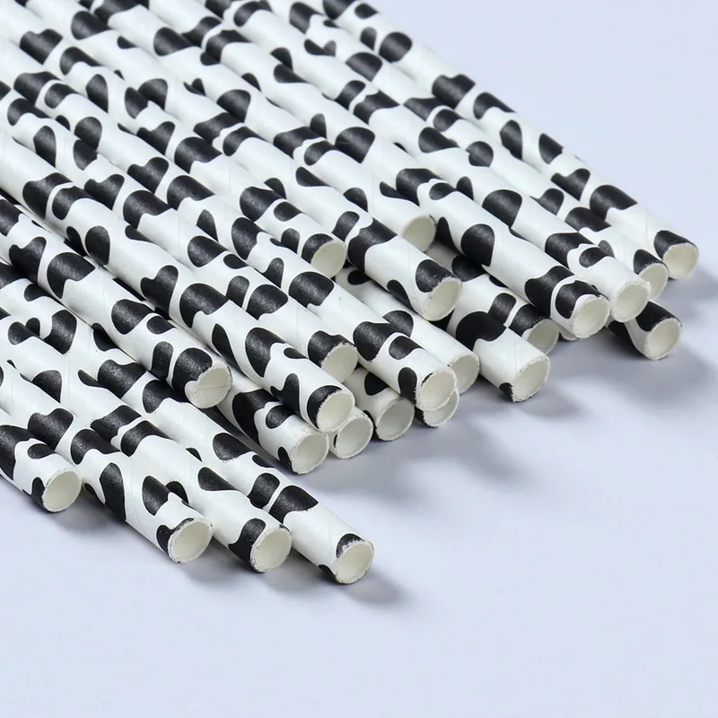 25pcs Black White Cow Pattern Paper Drinking Straw Jungle Farm Theme Party Decor Straws Kids Craft Cow Milk Juice Supplies